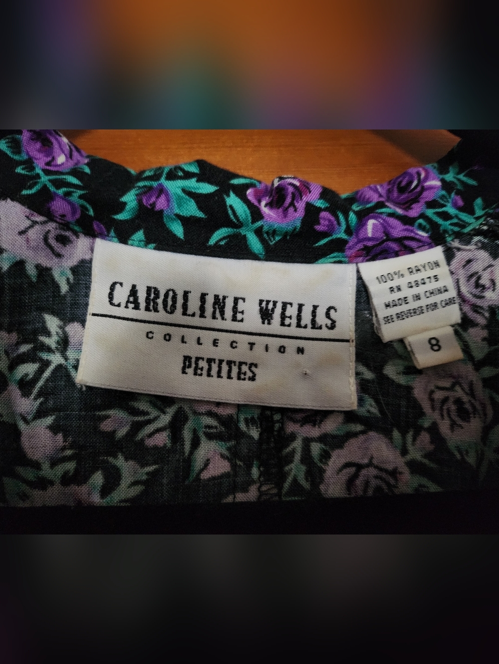 Vintage 90's Floral Button Front Midi Dress in Black with Purple & Teal Flowers - Picture 4 of 8